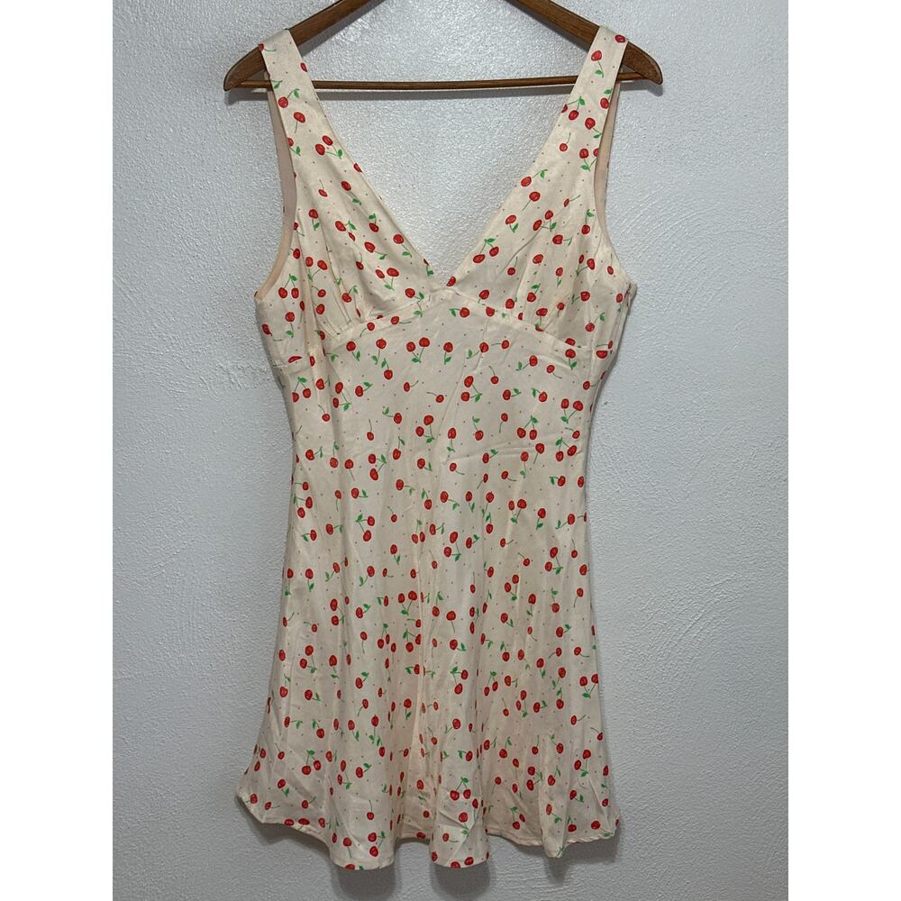 Zara Mini Cherry Babydoll Slip Dress L Cream Red Fun Sexy Summer Girly